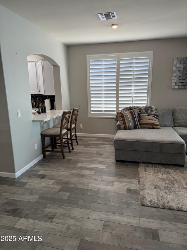 living room featuring dark wood-type flooring and sink