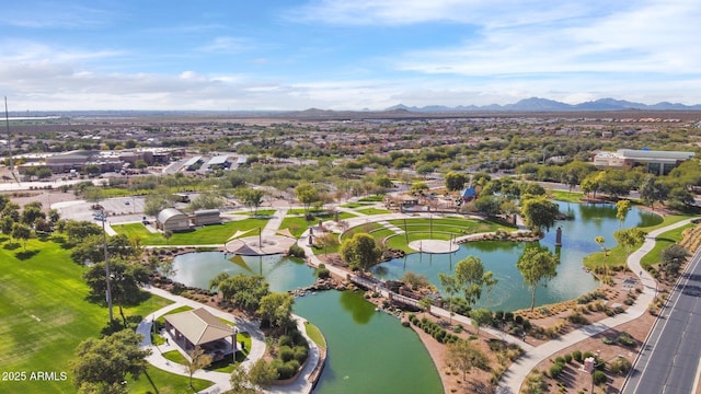 bird's eye view featuring a water and mountain view