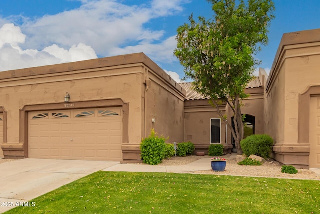 19812 N 90th Dr, Peoria, AZ 85382 - view of front facade with driveway, a tile roof, a front yard, an attached garage, and stucco siding