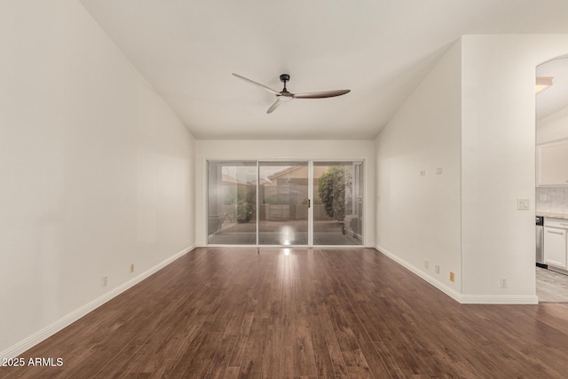 19812 N 90th Dr, Peoria, AZ 85382 - unfurnished room featuring baseboards, wood finished floors, a ceiling fan, and lofted ceiling