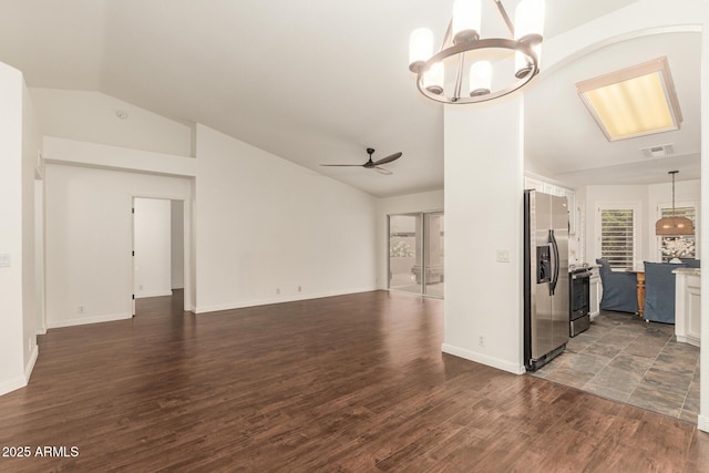 19812 N 90th Dr, Peoria, AZ 85382 - unfurnished living room with vaulted ceiling, ceiling fan with notable chandelier, dark wood-style flooring, baseboards, and visible vents