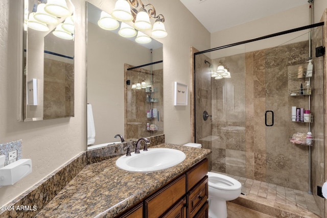 bathroom with vanity, toilet, and an enclosed shower