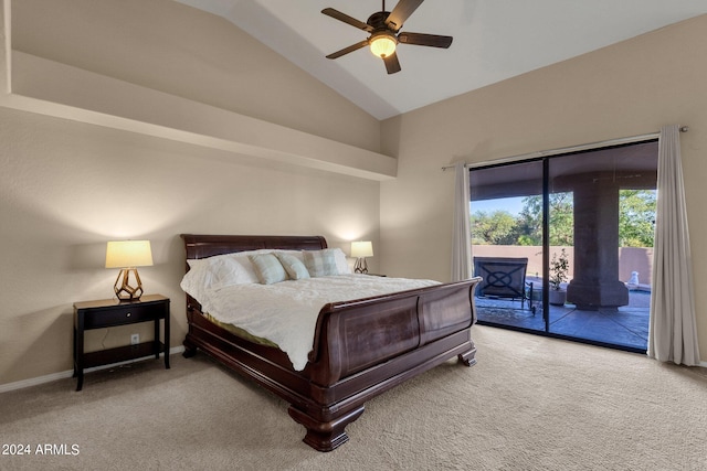 bedroom with access to outside, ceiling fan, carpet, and vaulted ceiling