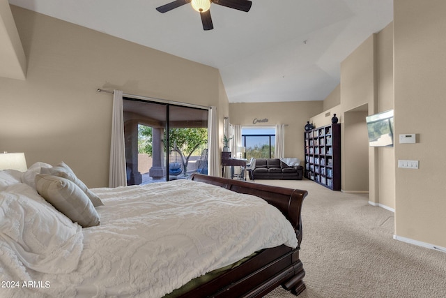 bedroom featuring access to outside, ceiling fan, light colored carpet, and lofted ceiling