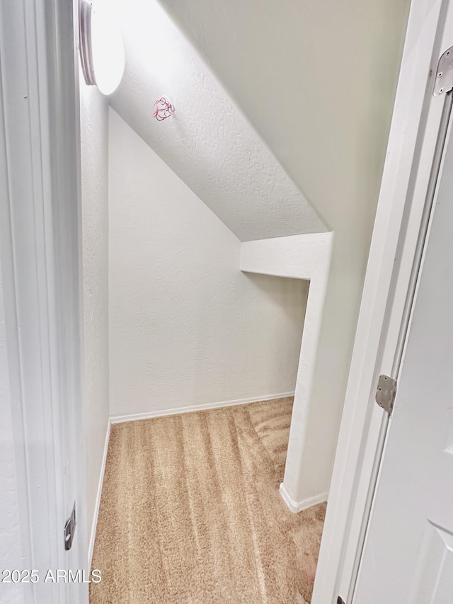 additional living space with a textured ceiling, light carpet, and lofted ceiling