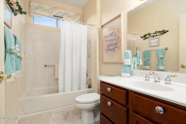 full bathroom with shower / tub combo with curtain, vanity, and toilet