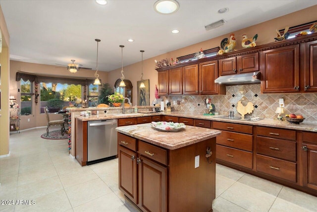 kitchen with decorative light fixtures, black electric cooktop, stainless steel dishwasher, kitchen peninsula, and a kitchen island