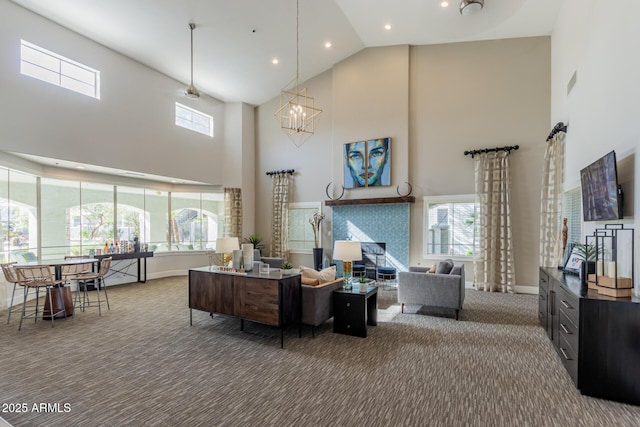 1100 N Priest Dr Unit 2145, Chandler, AZ 85226 - living area featuring carpet flooring, high vaulted ceiling, and a healthy amount of sunlight