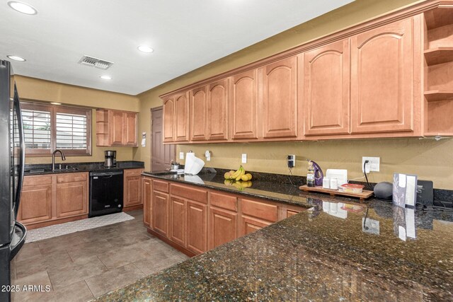 kitchen with recessed lighting, a sink, visible vents, black appliances, and open shelves