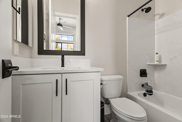 full bathroom with toilet, ceiling fan, washtub / shower combination, and vanity