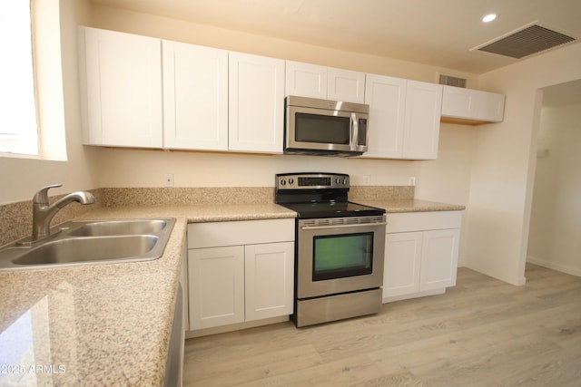 kitchen with appliances with stainless steel finishes, sink, white cabinets, and light wood-type flooring