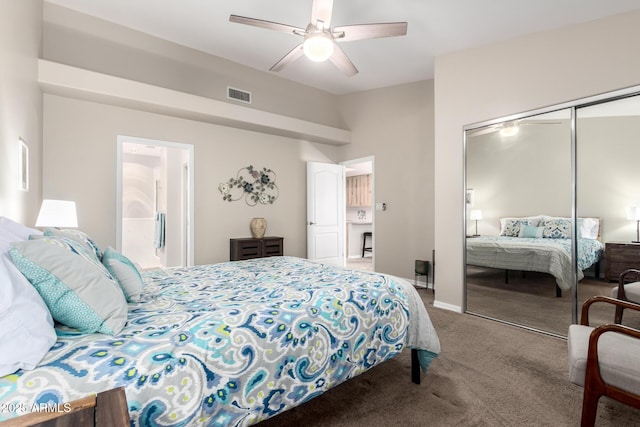 bedroom featuring carpet, a closet, visible vents, a ceiling fan, and baseboards