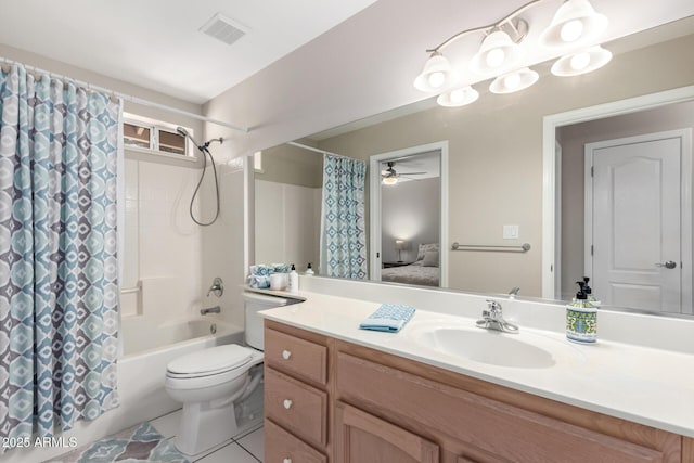 full bathroom featuring toilet, shower / bathtub combination with curtain, visible vents, and vanity