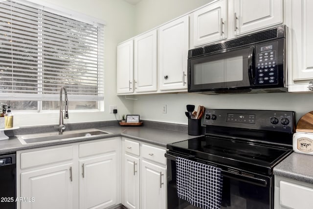 kitchen featuring white cabinetry, sink, and black appliances