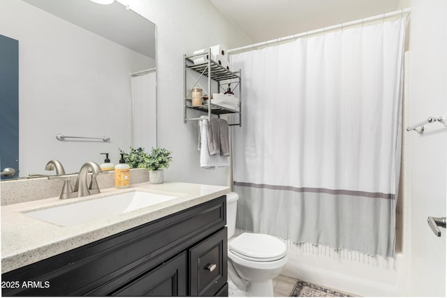 full bathroom featuring vanity, shower / bath combo, and toilet