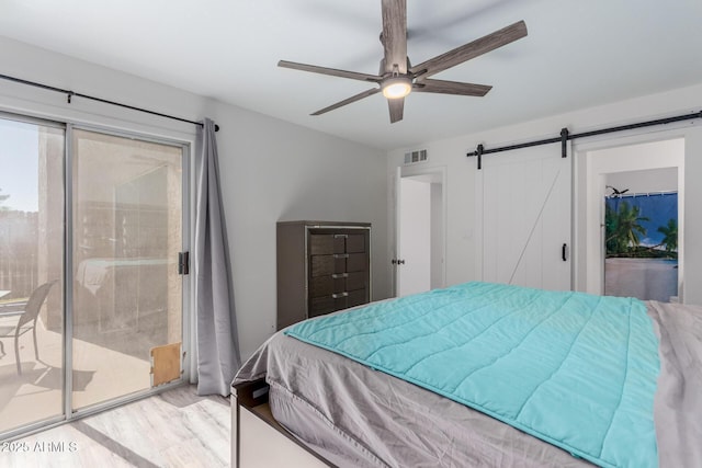 17808 N 45th Ave, Glendale, AZ 85308 - bedroom with access to outside, wood finished floors, a barn door, and ceiling fan