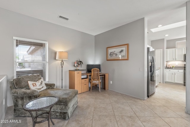 home office with light tile patterned floors, visible vents, and recessed lighting