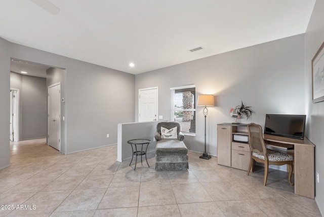 home office with light tile patterned flooring, visible vents, and recessed lighting