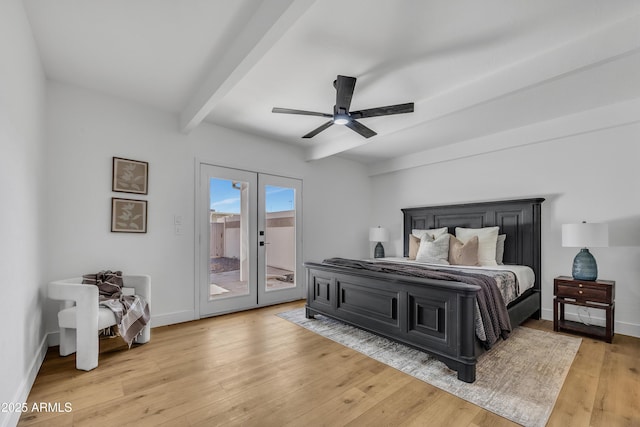 6233 E Pinchot Ave, Scottsdale, AZ 85251 - bedroom featuring access to outside, french doors, beam ceiling, light wood-type flooring, and ceiling fan