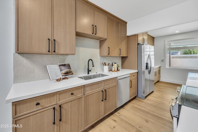 6233 E Pinchot Ave, Scottsdale, AZ 85251 - kitchen featuring appliances with stainless steel finishes, light wood-style floors, light countertops, and decorative backsplash