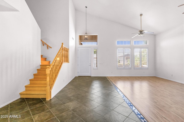 2109 W Wildhorse Dr, Chandler, AZ 85286 - entrance foyer with a ceiling fan, stairs, and high vaulted ceiling