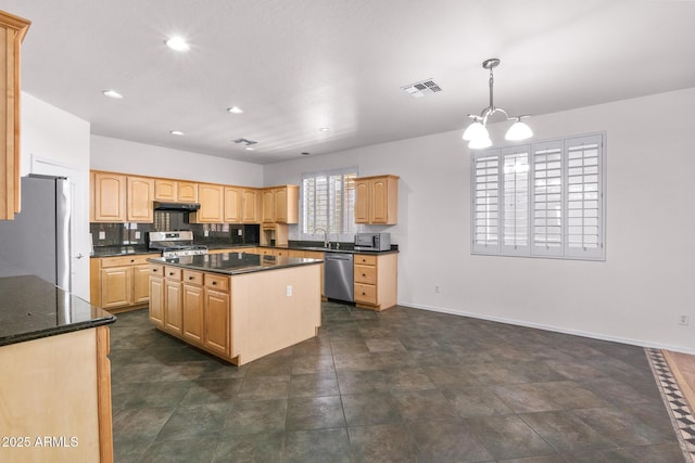 2109 W Wildhorse Dr, Chandler, AZ 85286 - kitchen featuring appliances with stainless steel finishes, light brown cabinets, a center island, under cabinet range hood, and recessed lighting