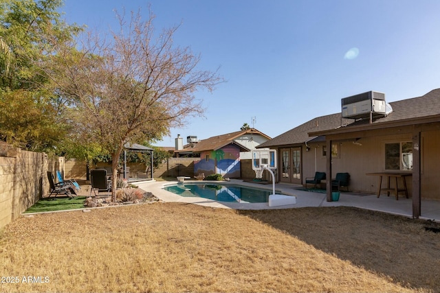 view of swimming pool featuring a gazebo, french doors, a patio, and cooling unit