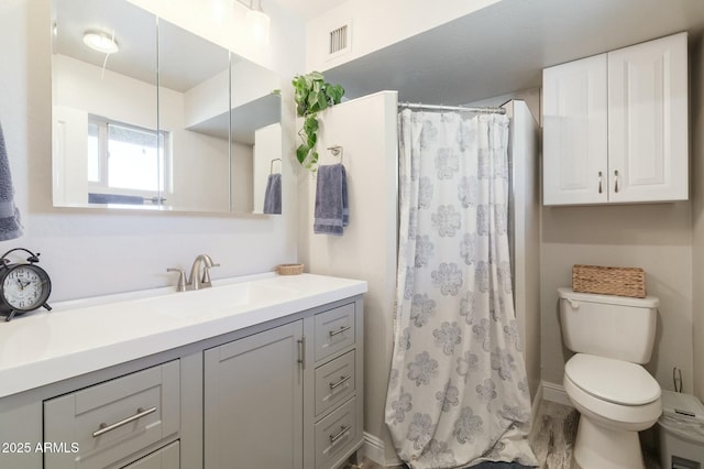 bathroom with vanity, toilet, and walk in shower