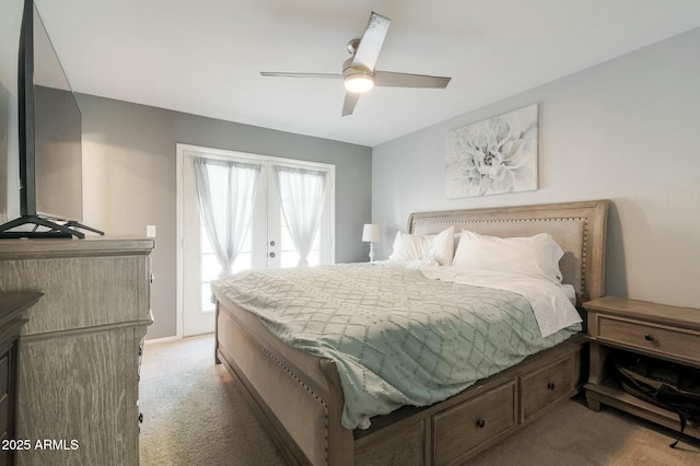 bedroom with access to outside, ceiling fan, and carpet