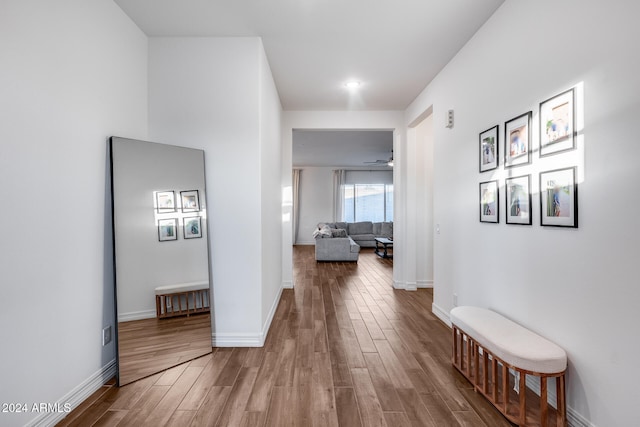 corridor with hardwood / wood-style flooring