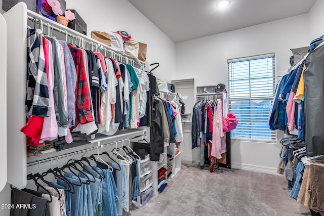 walk in closet featuring carpet floors and vaulted ceiling