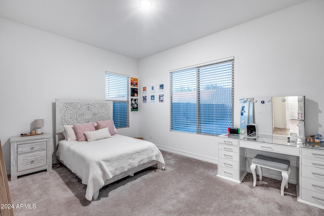 bedroom featuring multiple windows and light carpet