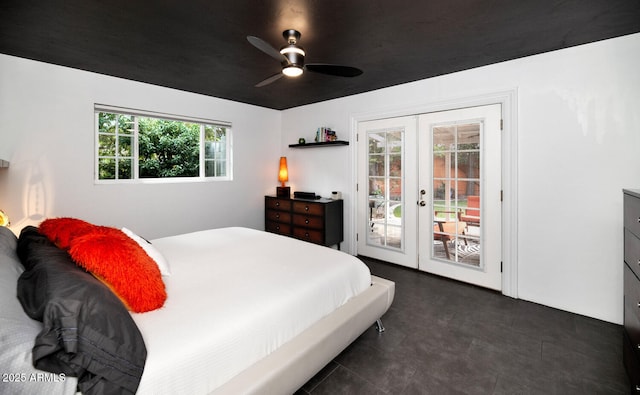 bedroom with french doors, a ceiling fan, and access to outside