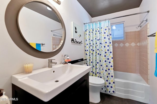 bathroom featuring vanity, toilet, and shower / tub combo with curtain