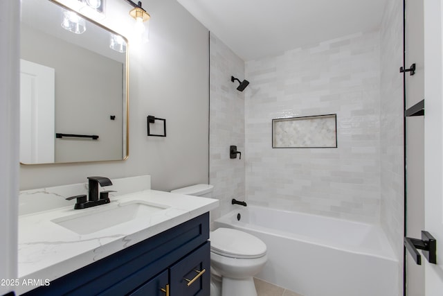 bathroom featuring shower / bathtub combination, toilet, and vanity