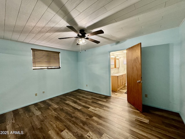 unfurnished bedroom with wood ceiling, ceiling fan, and dark hardwood / wood-style flooring