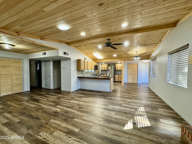 unfurnished living room featuring dark wood-type flooring, lofted ceiling with beams, wooden ceiling, and ceiling fan