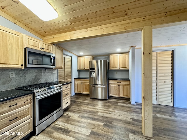 kitchen with light brown cabinetry, wood ceiling, dark hardwood / wood-style flooring, stainless steel appliances, and backsplash