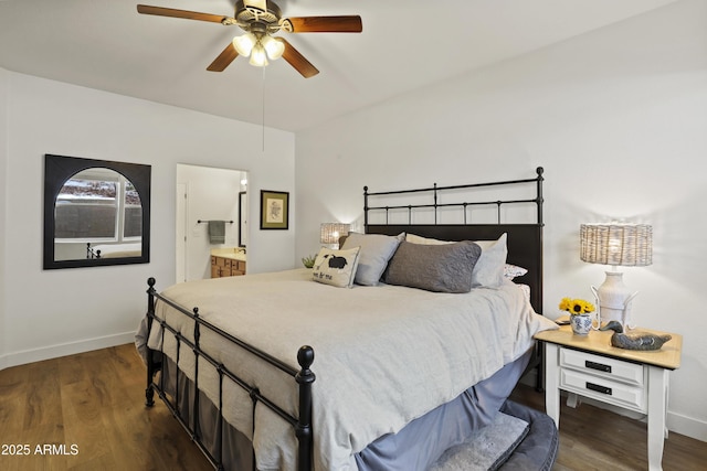 bedroom featuring ceiling fan, ensuite bath, wood finished floors, and baseboards