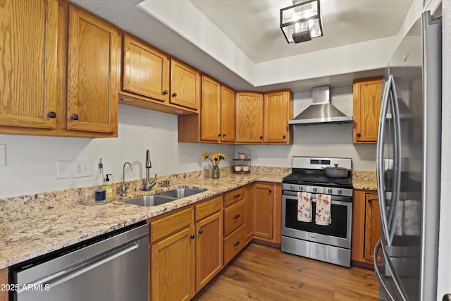 kitchen with stainless steel appliances, a sink, wall chimney exhaust hood, light wood finished floors, and a tray ceiling