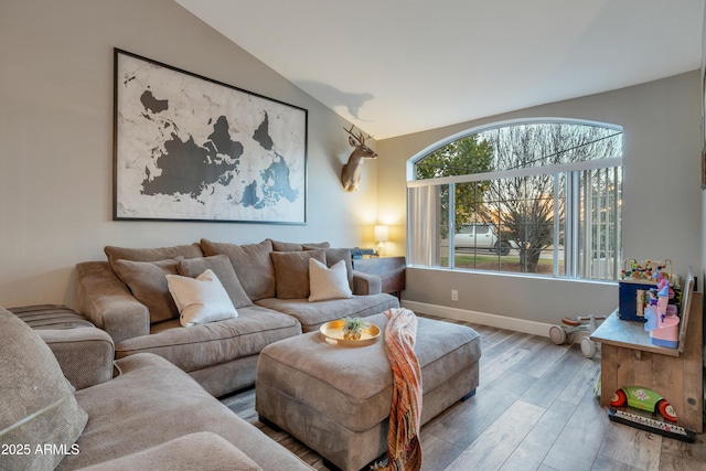 living room featuring hardwood / wood-style flooring and vaulted ceiling