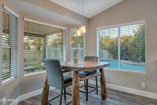 dining room featuring vaulted ceiling and wood-type flooring