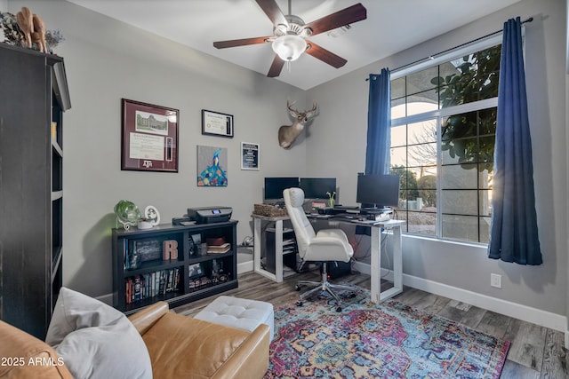 office area featuring ceiling fan, dark wood-type flooring, and a healthy amount of sunlight