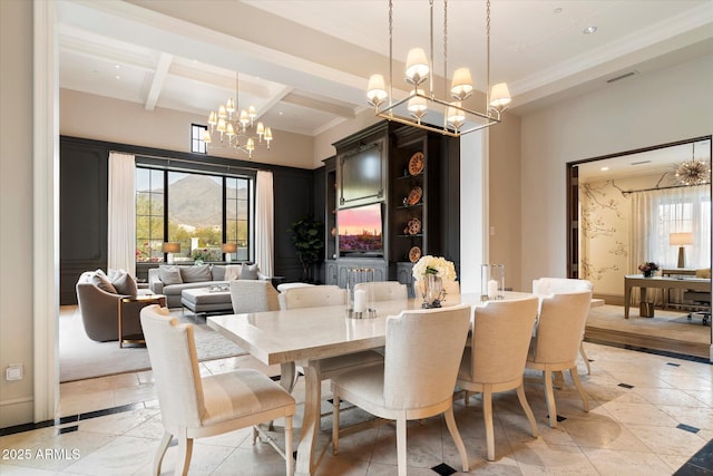 dining space featuring visible vents, baseboards, ornamental molding, an inviting chandelier, and beam ceiling