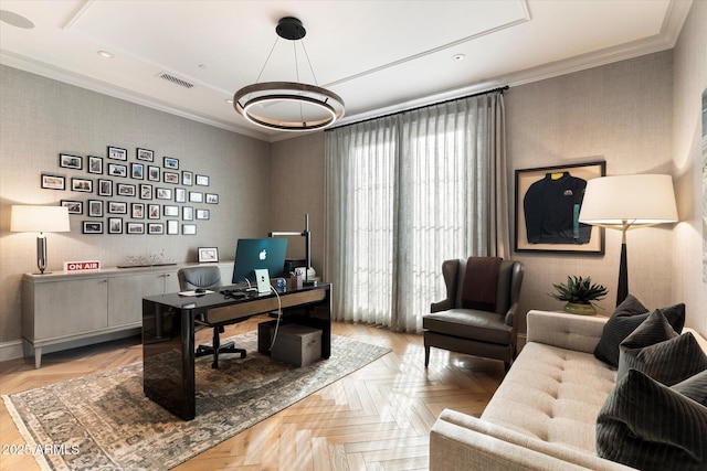 home office with ornamental molding, recessed lighting, and visible vents