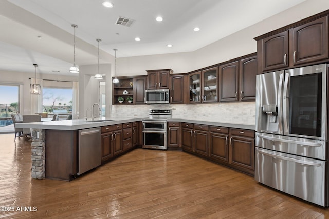 kitchen with dark brown cabinetry, sink, decorative light fixtures, appliances with stainless steel finishes, and backsplash