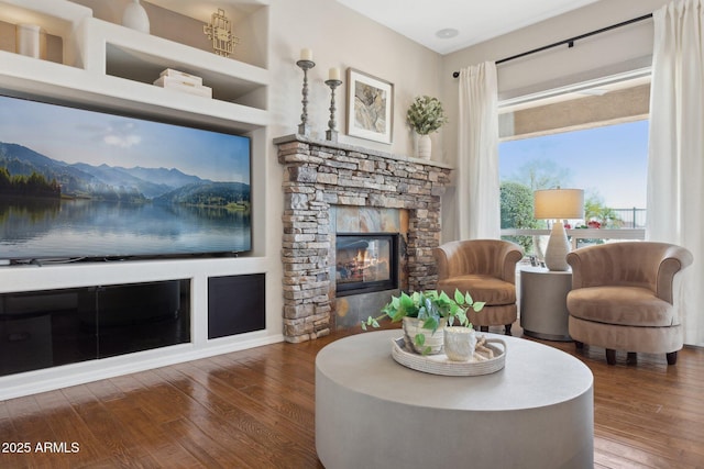 living room featuring dark wood-type flooring and a fireplace