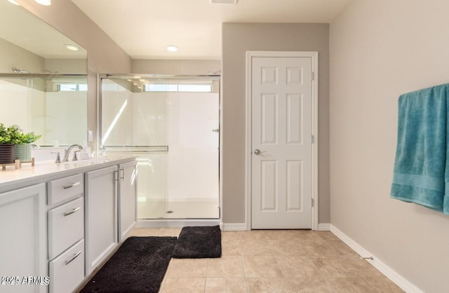 3914 S 58th Ln, Phoenix, AZ 85043 - full bath featuring a stall shower, vanity, tile patterned floors, and baseboards