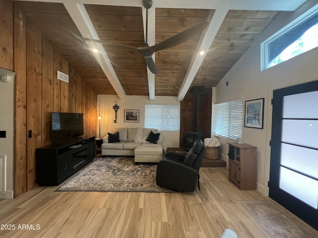 living room featuring a wood stove, light wood-type flooring, wood ceiling, and beamed ceiling