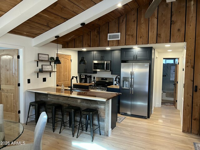 kitchen featuring stainless steel appliances, visible vents, a sink, a peninsula, and a kitchen bar